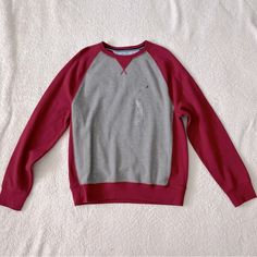 Gray And Burgundy 90% Cotton, 10% Polyester Color Block Crew Neck Sweatshirt For Loungewear, Color Block Crew Neck Sweater For Loungewear, Casual Heather Maroon Long Sleeve Top, Casual Long Sleeve Heather Maroon Top, Casual Heather Maroon Crew Neck Top, Red Color Block Cotton Sweatshirt, Red Cotton Color Block Sweatshirt, Tommy Hilfiger Cotton Sweater For Fall, Heather Maroon Crew Neck Cotton Top