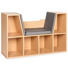 a wooden shelf with a grey seat on top of it and several compartments below the shelves