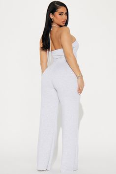 Available In Heather Grey. Jumpsuit Halter Straight Neckline Ruched Wide Leg Stretch Inseam= 34" Self: 65% Polyester 35% Cotton Lining: 100% Polyester Imported | Love The Idea Jumpsuit in Heather Grey size XL by Fashion Nova Fitted Halter Neck Jumpsuit For Loungewear, Grey Jumpsuit, Luxe Clothing, Service Women, Straight Neckline, Leg Stretching, Jeans Jumpsuit, Matching Dresses, Grey Fashion