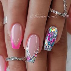 Nails With Sparkles Accent, Trendy Summer Nails Designs, Coffin Summer Nails Designs, Fancy French Tip Nails, Aurora Nails, French Tip Nail Designs, Fancy Nails Designs, Sparkle Nails, Pretty Nail Art