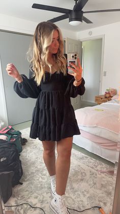 Casual Cute Dinner Outfits, Church Dresses For Teenagers Black, Black Babydoll Dress Outfit Fall, Cute Summer Chruch Dresses, Cute Church Fits, Black Dress With Western Boota, Church Camp Outfits, Cute Dinner, Camp Outfits