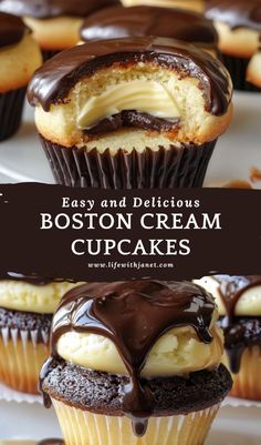 an image of boston cream cupcakes with chocolate frosting on top and the title overlay reads easy and delicious boston cream cupcakes