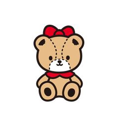 a brown teddy bear with a red bow on it's head, sitting down