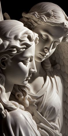 two white angel statues with their heads touching each other