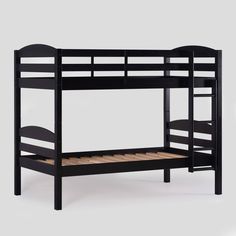 the bunk bed is black and has two ladders on each side, one with a wooden