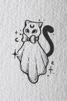 a black and white drawing of a cat wearing a bow tie