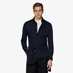 This navy shirt extra slim fit shirt boasts a French placket, single cuff, and curved cutaway collar, and is knitted, rather than wover, giving you the comfort and casual appeal of a knit. Cutaway Collar, The Navy, Navy Shirt, Slim Fit Shirt, Egyptian Cotton, Workout Shirts, Slim Fit, Cuff, Navy