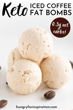 three scoops of ice cream sitting on top of each other next to coffee beans