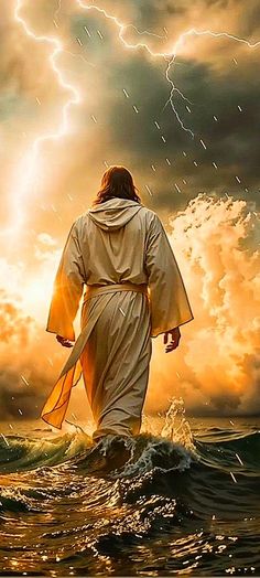 jesus walking through the water with his arms outstretched in front of a storm cloud and lightning