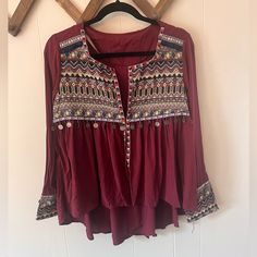 Burgundy Cardigan; Embroidered Tribal Design; Coin Details Bohemian Long Sleeve Peasant Top With Embroidered Hem, Embroidered Rayon Bohemian Blouse, Fall Embroidered Rayon Blouse, Bohemian Red Top With Resham Embroidery, Shein Sweater, Burgundy Cardigan, Smock Top, Red Blue, Smocking