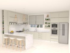 a white kitchen with two stools next to an island