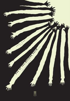 the silhouettes of seven hands are shown in black and white on a dark background