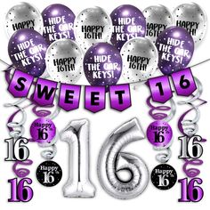 purple and silver balloons with happy 16th birthday decorations