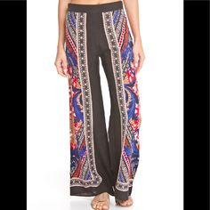 *Printed Palazzo Pants *Hidden Back Zipper Closure *No Stretch *Materials:100% Polyester Bohemian Black Pants, Bohemian Stretch High-waisted Wide Leg Pants, Non-stretch Black Printed Bottoms, Non-stretch Printed Black Bottoms, Black Full-length Pants For Vacation, Black Wide Leg Pants With Elastic Waistband For Vacation, Black Full Length Bottoms For Vacation, Black Straight Pants For Vacation, Bohemian Stretch Printed Pants