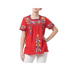 Raj Erina Embroidered Blouse Our Erina blouse is lightweight to keep you cool and comfortable with floral embroidery to add interest and detail to any outfit. Relaxed Fit Blouse With Floral Embroidery, Cotton Blouse With Floral Embroidery And Relaxed Fit, Traditional Floral Embroidered Tops With Relaxed Fit, Cotton Embroidered Top With Floral Embroidery, Bohemian Red Blouse With Relaxed Fit, Bohemian Red Tops With Floral Embroidery, Relaxed Fit Blouse With Floral Embroidery And Short Sleeves, Relaxed Fit Cotton Top With Floral Embroidery, Bohemian Red Blouse Relaxed Fit