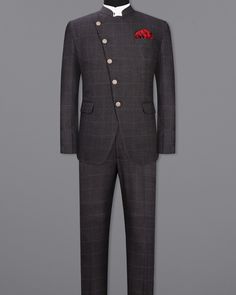 Get a fashionable look with this cross-buttoned bandhgala suit from French Crown. Tailored with precision by using premium wool-rich fabric, it feels smooth on the skin. Style it with a pair of oxford shoes which will complete your look in a stylish way. In addition to being constructed from Imported Superior Fabrics, French crown Suits are built with top quality components and thoughtful construction. All our suits are double canvassed, with fully fused Belt trouser, for greater versatility and Tailored Designer Business Sets, Designer Tailored Business Sets, Designer Tailored Sets For Business, Luxury Festive Business Blazer, Tailored Nehru Jacket For Winter Formal Events, Formal Winter Nehru Jacket With Notch Lapel, Elegant Nehru Jacket For Business, Winter Formal Nehru Jacket With Notch Lapel, Luxury Festive Blazer For Workwear