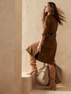 Suede Trench Dress | Banana Republic Suede Dress Outfit, Leather Dress Outfit, Lace Dress Outfit, Business Casual Fall, Elegant Boots, Trench Dress, Style Edit, Safari Style, Suede Dress