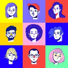 six people with different colored hair and glasses are depicted in this pop - art style