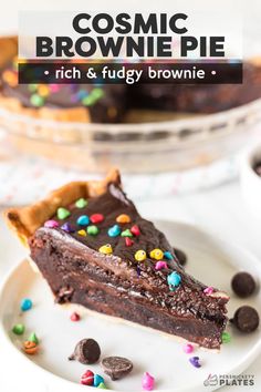 a piece of chocolate cake with sprinkles on it and the title reads cosmic brownie pie rich & fudgey brownie