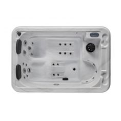 an image of a white hot tub with black trimmings on the sides and two jets