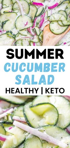 cucumber salad in a bowl with a wooden spoon on the side and text overlay reading summer cucumber salad healthy i keto