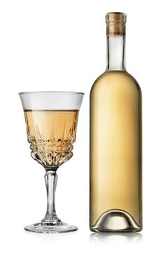 an empty wine glass next to a bottle and a half full wine glass on a white background