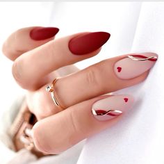 Almond nails, red nails, christmas nails, holiday nails, matte nails , press on nails Nails Pattern, Manicure Tips, Lines On Nails, Fake Nails With Glue, Color Nails, Red Nail