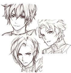 three different anime character sketches, one with blonde hair and the other with blue eyes