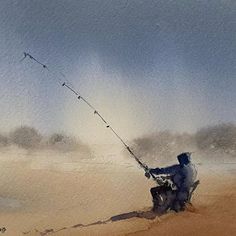 a painting of a man fishing in the sand