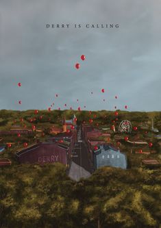 a painting of a city with lots of red balloons floating in the air above it