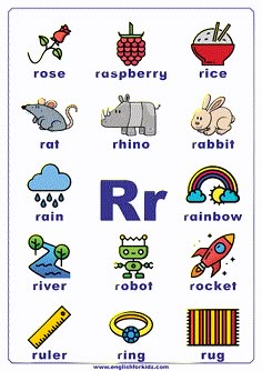 the letter r in english with pictures of animals and other things to write on it