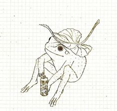 a drawing of a frog with a hat on its head and holding a beer bottle