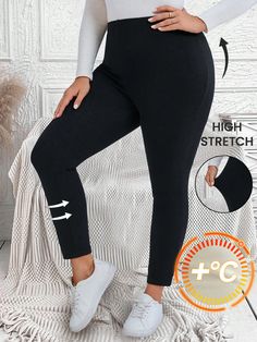 Plus Size Women's Black Fleece Lined Skinny Fall Clothes Leggings Thermal Casual Daily Fall Pants Black Casual   Knitted Fabric Plain Regular Medium Stretch  Women Plus Clothing, size features are:Bust: ,Length: ,Sleeve Length: Clothes Leggings, Fall Pants, Cropped Leather Jacket, Legging Outfits, Fall Clothes, Leggings Casual, Plus Size Leggings, Flare Leggings, Womens Fleece