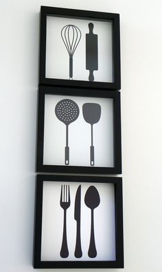 three black and white pictures with kitchen utensils on the wall above them,