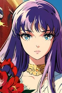 an anime character with long purple hair and blue eyes holding a flower in her hand