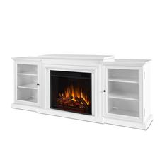 a white entertainment center with an electric fireplace