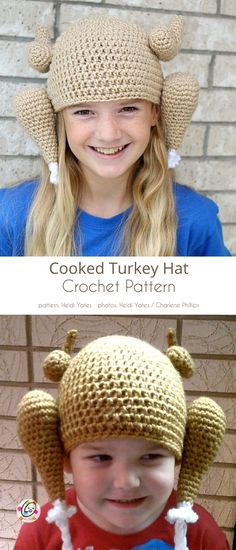 two pictures of children wearing knitted turkey hats