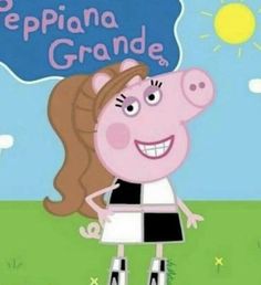 peppa pig is standing in the grass with her head turned to look like she's smiling