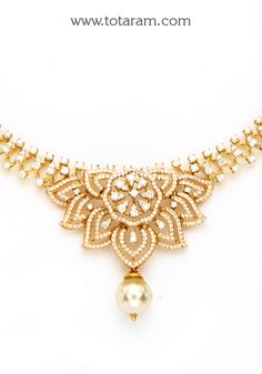 18 Karat Gold Diamond Necklace with South Sea Pearl 
   - 235-DN282 - in 32.000 Grams for USD $5025.84. 
Made in India by Totaram Jewelers Online this product is in Gold - 18 Karat Gold  & is an excellent gift for Adult - Women. Ships fully insured with secured guaranteed delivery for free with your order over $250 from New Jersey USA & comes with 30 days exchange policy. Luxury Diamond Necklace With Intricate Design For Celebration, Luxury Diamond Necklace For Reception With Intricate Design, Luxury Bridal Necklace In Yellow Gold With Diamond Accents, Single Cut Diamond Necklace For Reception, Diamond Necklace With Single Cut Diamonds For Reception, Diamond Necklace With Accents For Receptions, Luxury Gold Bridal Necklace With Diamond Accents, Single Cut Diamond Necklaces For Receptions, Elegant Diamond Necklaces For Reception