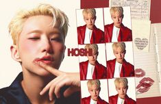 a collage of photos of a boy with blonde hair and red jacket, holding his finger to his lips