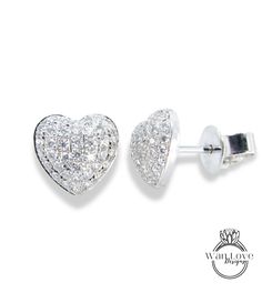 Heart Pave Earrings Moissanite White Gold Pave Pillow Puff Dome, Custom, Wedding, Anniversary Gift, Ready to Ship. Makes the perfect Anniversary gift, Wedding gift, Mothers Day gift, Birthday gift, Holiday gift or just to say I Love You gift!! ~Details~ Metal-10k White Gold Size-8mm x 7.75mm ~Gems~ Type-Moissanite Weight-.55ct (approx) Color-DEF Clarity-VS Cut (shape)-Round Includes *********** ♦Your Design Created Just to your Specifications, Exactly as ordered ♦Gift Box Customization ********* Heart-shaped Cubic Zirconia Wedding Earrings, Wedding Fine Jewelry Heart Earrings In Cubic Zirconia, Fine Jewelry Heart Earrings With Cubic Zirconia For Weddings, Fine Jewelry Cubic Zirconia Heart Earrings For Wedding, Diamond Heart Cut Earrings For Wedding, White Diamond Earrings With Pave Setting For Wedding, Diamond White Bridal Earrings With Pave Setting, Diamond White Heart Earrings For Wedding, Fine Jewelry Heart Earrings With Brilliant Cut For Wedding