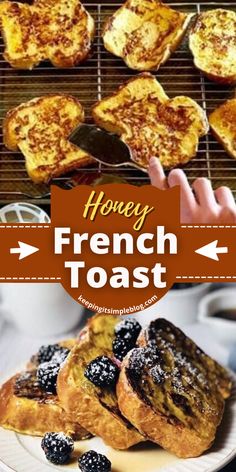 french toast with berries and powdered sugar on the top is shown in this collage