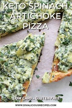 a pizza with spinach and artichoke toppings cut into slices on a cutting board