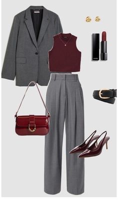 Women Grey Suit, Gray Clothes Aesthetic, Grey Formal Pants Outfit Woman, Grey Suit Women Outfit, Outfit Ideas Grey Pants, Gray And Red Aesthetic, Office Outfits Women Aesthetic, Gray Pants Outfits Women, Grey And Red Outfits