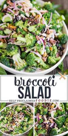 broccoli salad in a white bowl on top of a wooden table