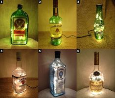 bottles with lights in them sitting next to each other