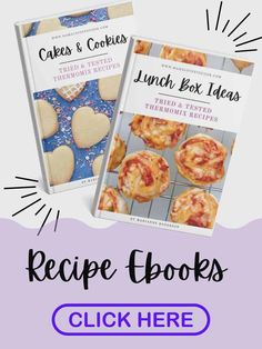 two cookbooks with the title, cake and cookies lunch box ideas recipe books click here