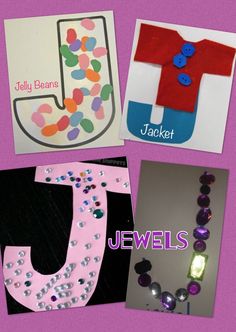 four different types of crafts with the letter j on them, including beads and paper