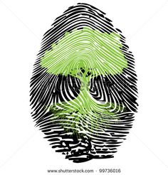 fingerprint with a green tree on the top and black stripes in the bottom corner