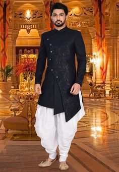 Printed Jute Dhoti Asymmetric Sherwani in Black and White Dress For Marriage Function, Dress For Marriage, Boys Poses, Marriage Function